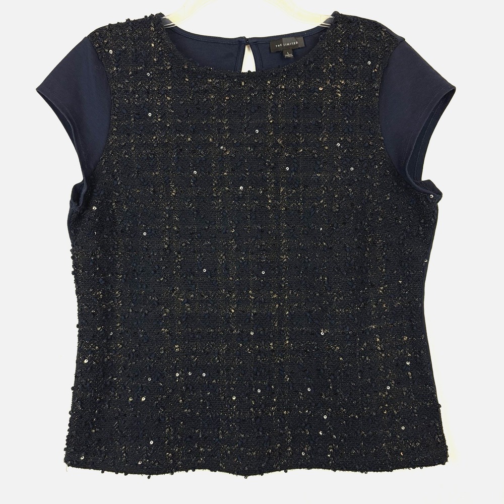 The Limited Tweed Short Sleeve Gold Sparkle Top Womens Large Navy Blue Offiice